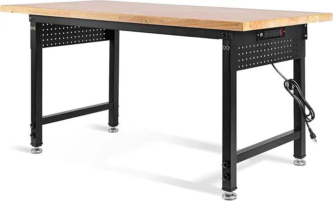Height Adjustable Workbench Heavy Duty Work Table 2000 LBS Load Capacity 60”×22” Rubber Wood Work Station with Power Outlet & Pegboard for Garage, Workshop, Office,Party Shop, Home by GreenHaven Gardens