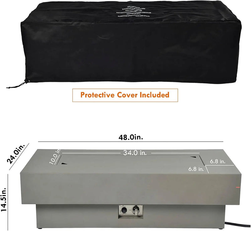 48-inch Fire Table with 20lb Propane Tank Cover, 50,000BTU Outdoor Modern Patio Fire Pit Table w/Rectangular Burner Lid, Glass Rocks, Pre-Attached 10ft External Gas Hose by GreenHaven Gardens