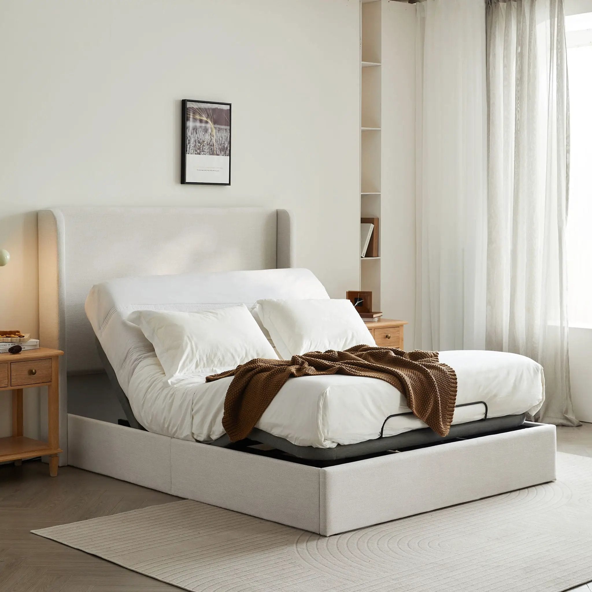 Caron - Queen Size Upholstered Wingback Bed With Adjustable Base Bundle Set - Ivory by Unique Piece Furniture