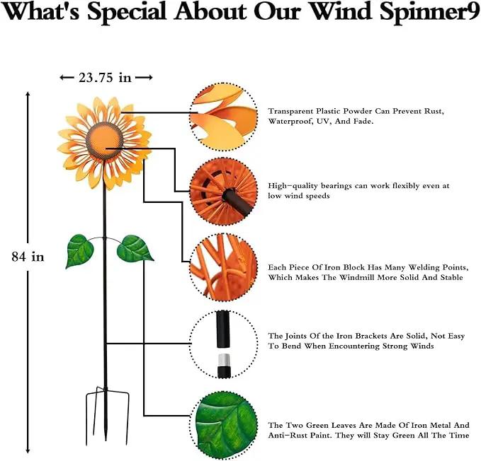 Wind Spinners for Yard and Garden Large, Wind Spinner Outdoor Metal Large, 84 Inch Wind Sculptures Birthday Gifts for Women(Double Sided Sunflower) by GreenHaven Gardens