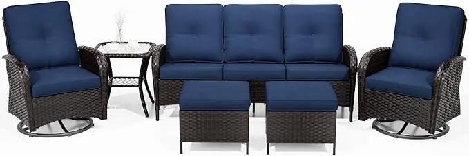 Joyside 6 Piece Patio Furniture Set, Outdoor Wicker Conversation Sets with Swivel Rocker Chairs and Sofa, Thick Cushion, Rattan Patio Sectional for Porch, Deck Use (Brown/Blue, 6 PCS) by GreenHaven Gardens