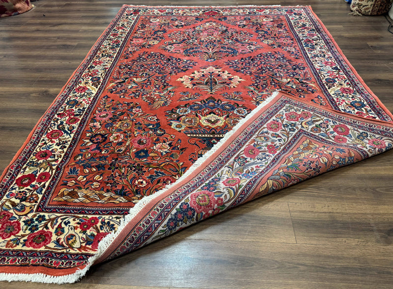 Persian Sarouk Rug 7x10, Red and Ivory, Floral Bouquets, Birds by Jewel Rugs