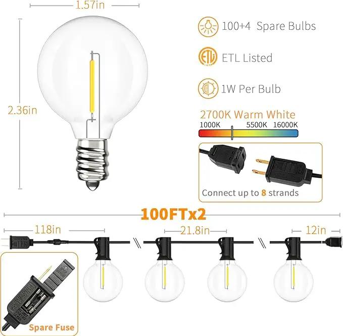 Svater Outdoor String Lights 200 FT, Patio Lights with 104 Shatterproof LED Bulbs, Commercial Grade Waterproof Plastic Hanging Light for Bistro Backyard Cafe Market, Warm White 2700K (2 X 100 FT) by GreenHaven Gardens