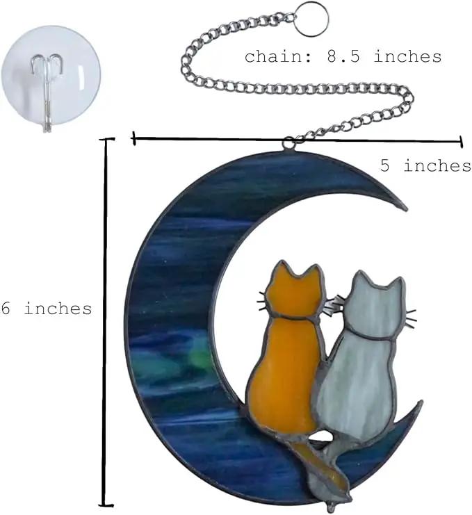 Cat Stained Glass Suncatcher – Cat on Moon Real Glass Window Hanging – Unique Modern Design Wall Art for Home or Garden Décor – Perfect Cat Lover Gift by GreenHaven Gardens