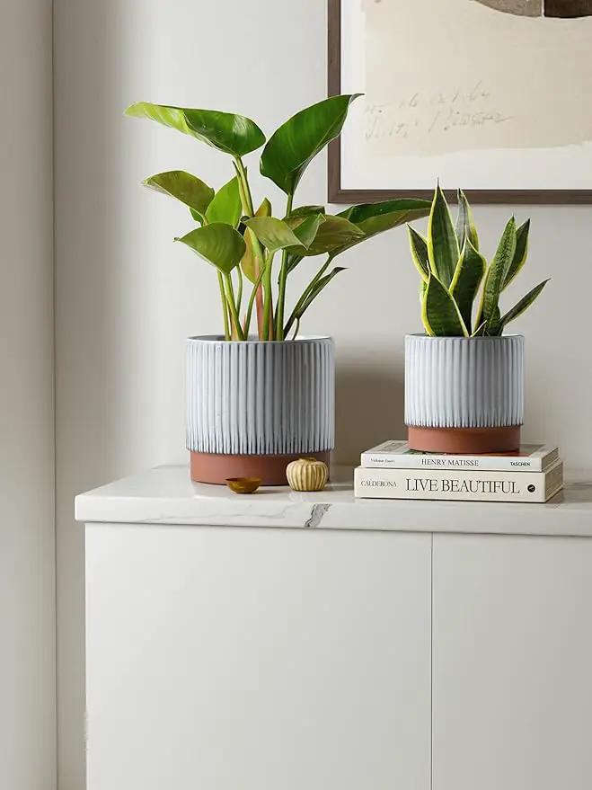 LE TAUCI Ceramic Plant Pots with Drainage Holes, Set of 3, 8+6.7+5.5 Inch Stripe Garden Planter Pots for Outdoor Indoor Plants Flower, Round Succulent Orchid Flower Pot, Reactive Glaze White by GreenHaven Gardens