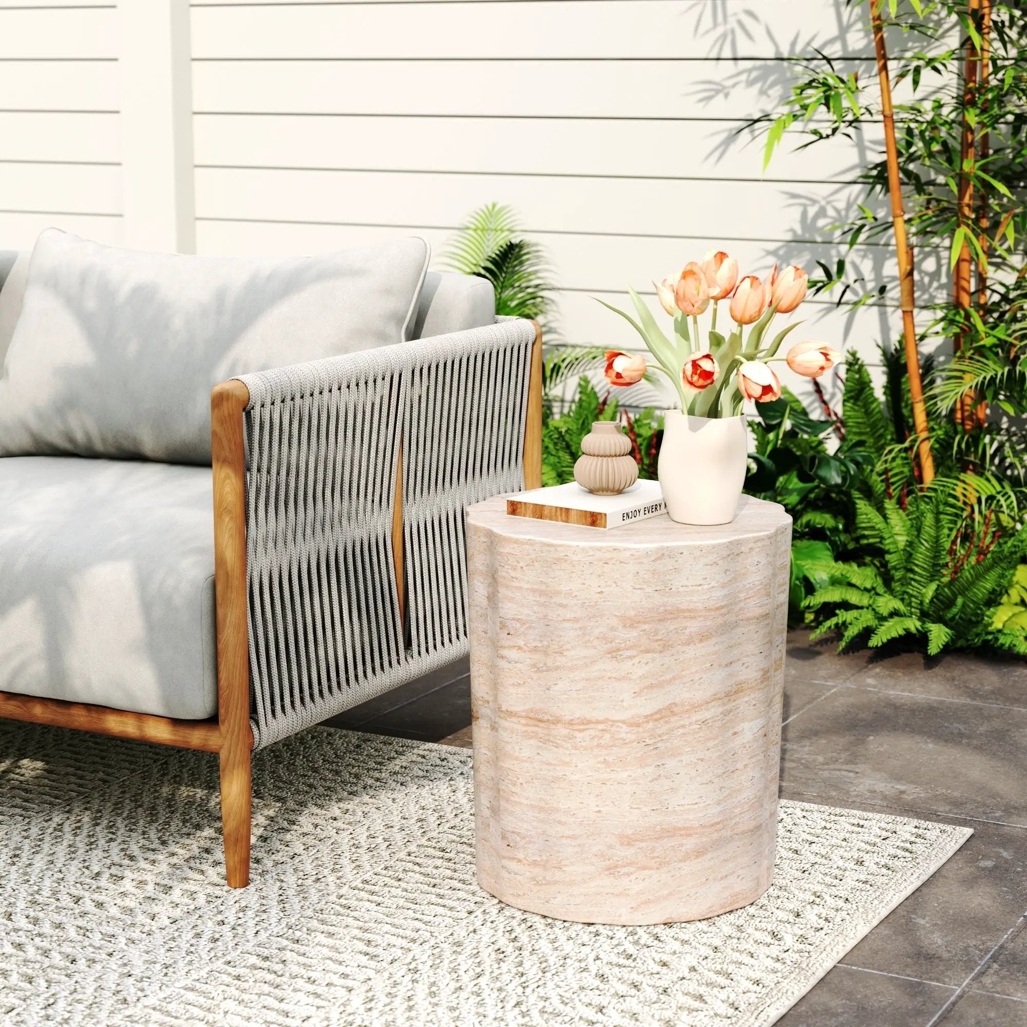 Elegant Indoor/Outdoor Lightweight Concrete Side Table With Travertine - Beige by HouseOfZazla