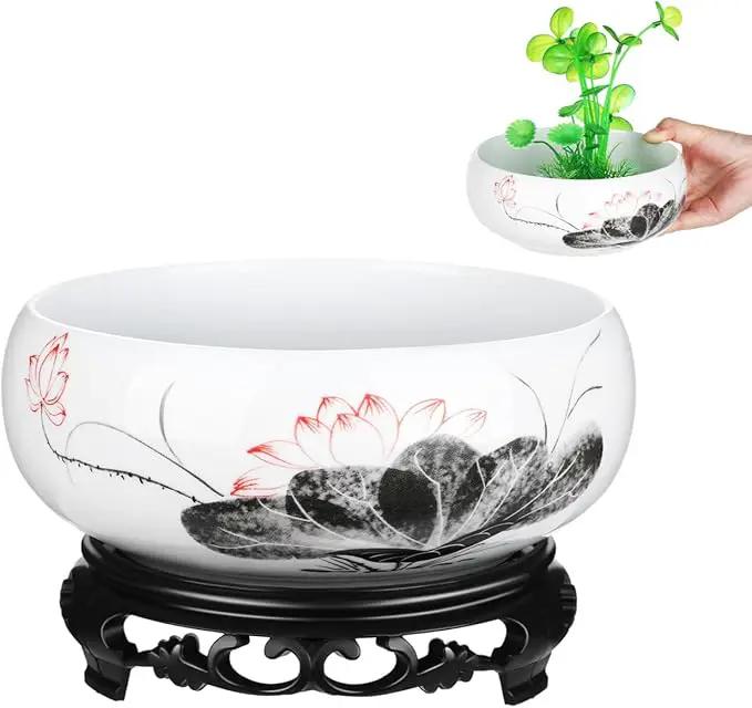 Ceramics Water Lily Bowl with Stand Chinese Style Hydroponic Planter Pot Round Narcissus Flowerpot Bonsai Daffodil Planting Container Garden Decoration 7 Inch by GreenHaven Gardens