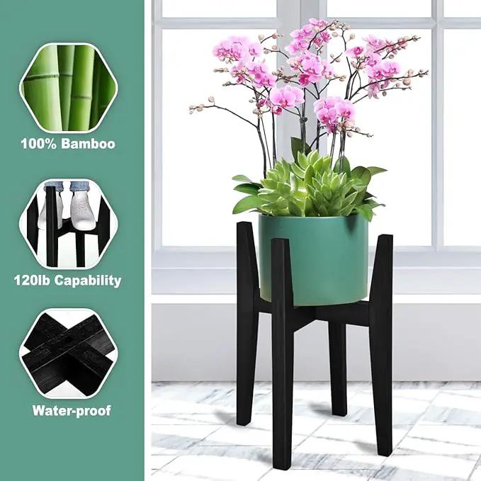 Plant Stand Indoor, Bamboo Plant Shelf, Adjustable Corner Plants Flower Holders Single Floor Plant Stand, Fits 8 to 12 Inches Pots,(Pot & Plant Not Included)(Black)