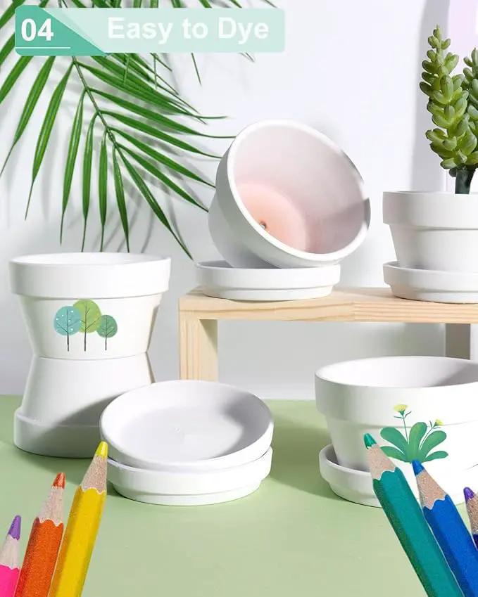 vensovo 3.7 Inch White Terracotta Shallow Succulent Pots - 6 Pack Terra Cotta Clay Pot with Saucer, Cacuts Indoor and Outdoor Planters with Drainage Hole by GreenHaven Gardens
