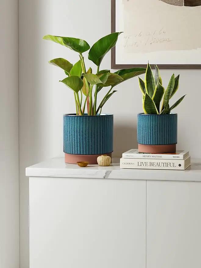 LE TAUCI Ceramic Plant Pots with Drainage Holes, Set of 3, 8+6.7+5.5 Inch Stripe Garden Planter Pots for Outdoor Indoor Plants Flower, Round Succulent Orchid Flower Pot, Reactive Glaze Black by GreenHaven Gardens