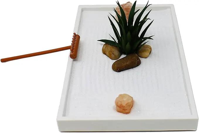 Nature's Mark Mini Zen Garden Kit for Desk with White Sand, Rake, White Base, Salt Rock and Air Plant (Rectangle) by GreenHaven Gardens