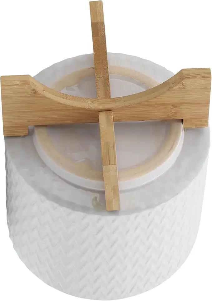 8" Ceramic Planter on Wooden Bamboo Stand - Contemporary White Chevron Design for Indoor or Outdoor Plants, Succulents, Cactus by GreenHaven Gardens