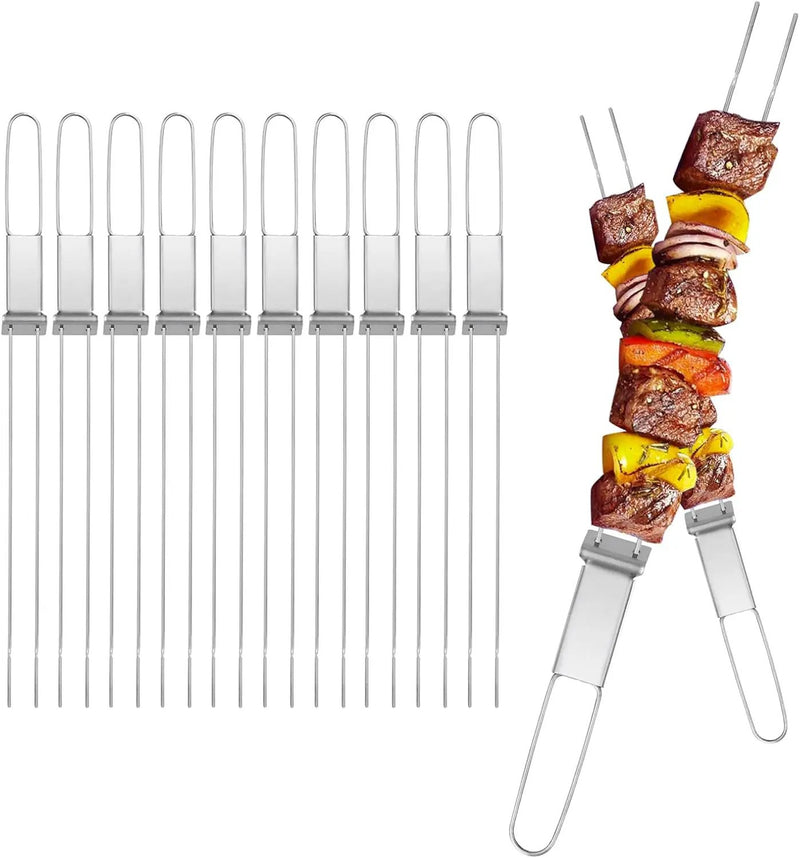 13inch 10(packs) Double Fork Flat Stainless Steel BBQ Skewers with Push Bar, Reusable Skewers for Grilling for Meat, Vegetable, BBQ Accessories by GreenHaven Gardens