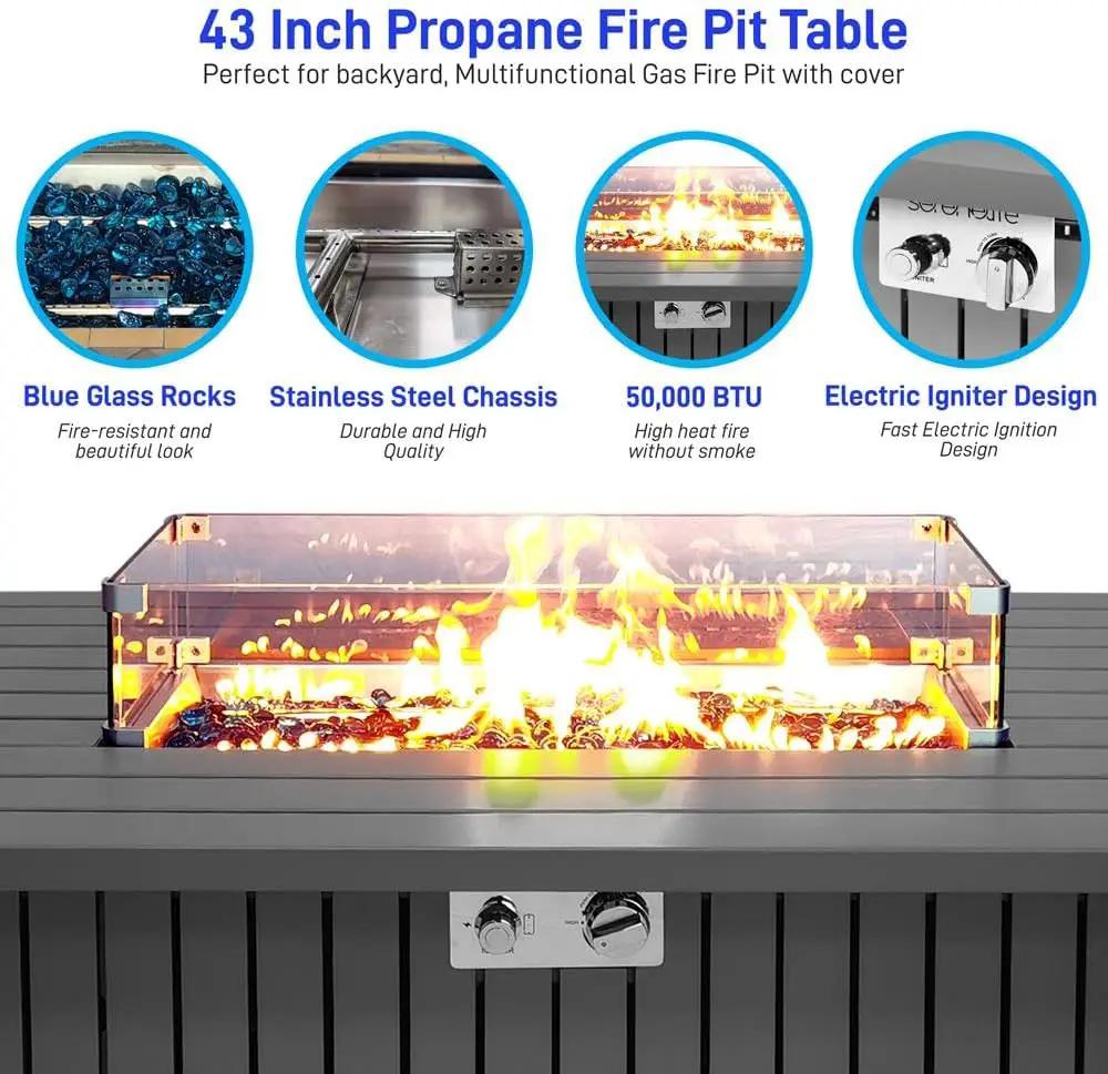 Outdoor Propane Fire Pit Table - CSA/ETL Certified 50,000 BTU Pulse Ignition Weatherproof Rectangle Propane Gas Fire Table w/Adjustable Flame - Glass Rocks Wind Guard, Black - SereneLife SLFPSX55 by GreenHaven Gardens