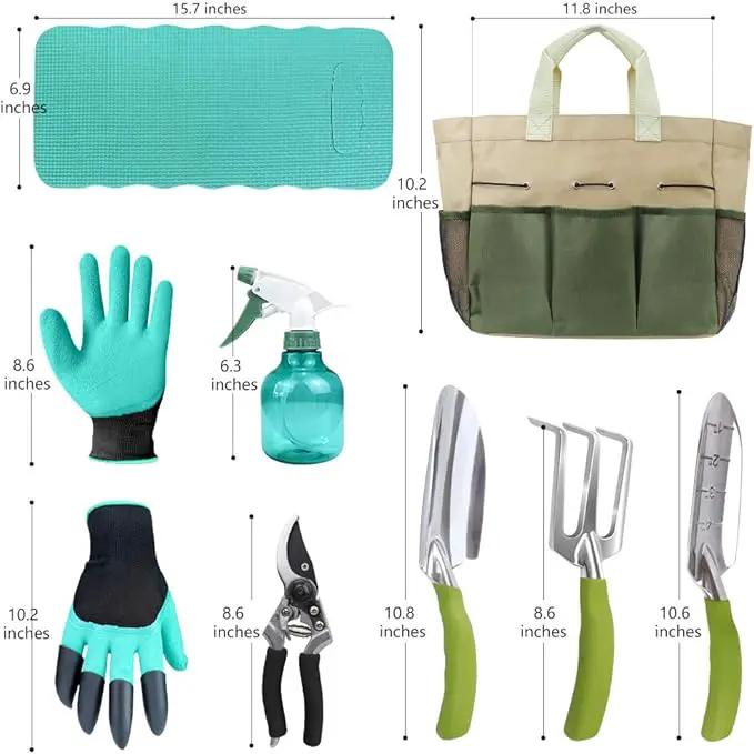 Garden Tools Set with 3 Pcs Aluminum Gardening Tools, 1 Pc Pruning Shear, 1 Pc Mister Spray Bottle, 1 Pc Foam Kneeler，1 Pair Garden Gloves with Claws and 1 Pc Gardener Bag, Gifts for Mom Dad by GreenHaven Gardens