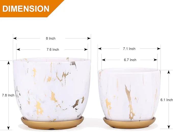 8 Inch Ceramic Plant pots (Set of 2), 8 Inch 7 Inch Modern Flower Planter, Gold Marble Gardening Pots with Drainage Hole and Saucer for Outdoor Indoor Yard Garden Home Office Decoration. by GreenHaven Gardens
