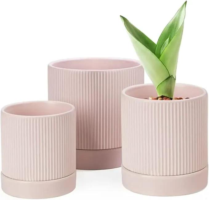 LaDoVita 3 Pack Ceramic Plant Pots 6/5/4 inch, Flowerpot for Indoor Plants with Drainage Holes and Tray, Outdoor Garden Planters, Modern Decorative for Home, Pink Vertical Stripes by GreenHaven Gardens