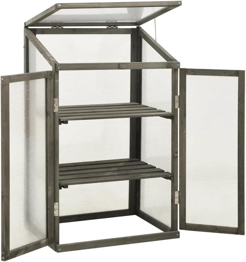 Solid Firwood Garden Portable Wooden Greenhouse with 2 Shelves and Open Bottom, Mini Greenhouse Cabinet 23.6"x17.7"x39.4"/Gray by GreenHaven Gardens