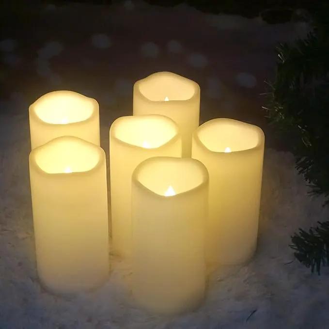 CANDLE CHOICE Waterproof Outdoor Battery Operated Flameless Candles Remote Timer White Plastic Realistic Flickering Fake Electric LED Pillars Lantern Garden Wedding Christmas Decorations 3”x6” 6 Pack by GreenHaven Gardens