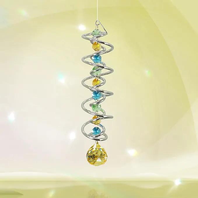 FONMY Gazing Ball Spiral Tail -Decorative Wind Spinner Sun Catcher Rainbow Maker Double-Spiral W/Golden Crystal Ball and Chain Crystals for Indoor Outdoor Garden Decoration -14 inch Height by GreenHaven Gardens