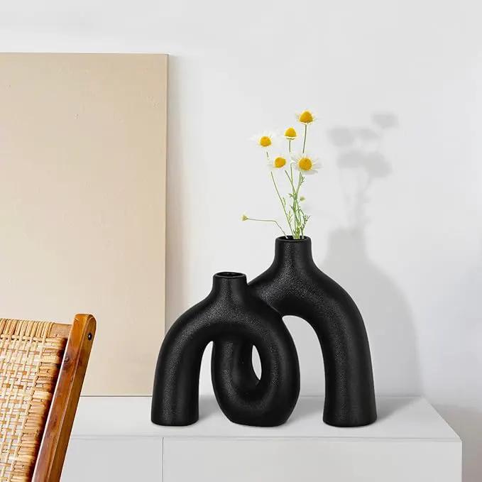 CEMABT Modern Nordic Boho Vase Set - Elegant Black Matte Ceramic Home Decor for Living Room, Bookshelf, Mantel, Entryway Table & Console Décor | Shelf Decorations Gift by GreenHaven Gardens