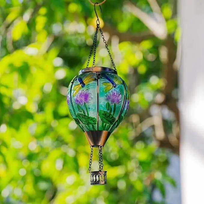 Starsoul Starsoul Dragonfly Hot Air Balloon Solar Lantern Glass Outdoor Hanging Hot Air Balloon Solar Flickering Flame Light Waterproof Garden Patio Yard Party Decorations by GreenHaven Gardens