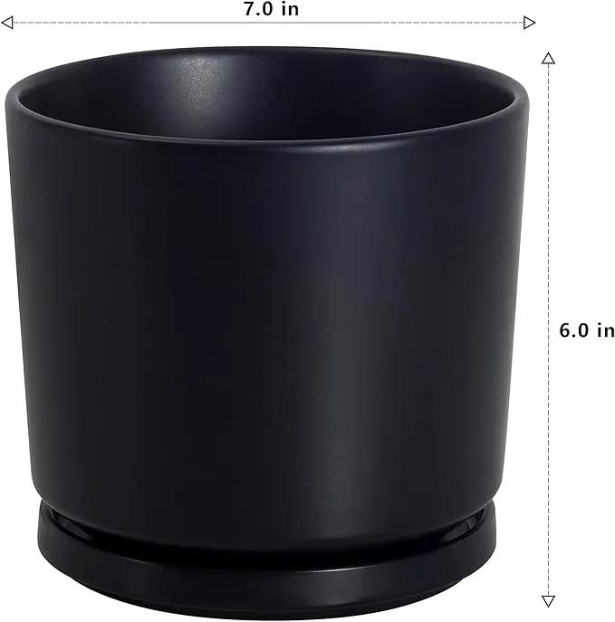 Ekirlin 7 inch Plant Pots,Ceramic Flower Planters Indoor,Modern Succulents Containers with Drain Hole Saucer,Decorate Home,Office & Outdoor (Black) by GreenHaven Gardens