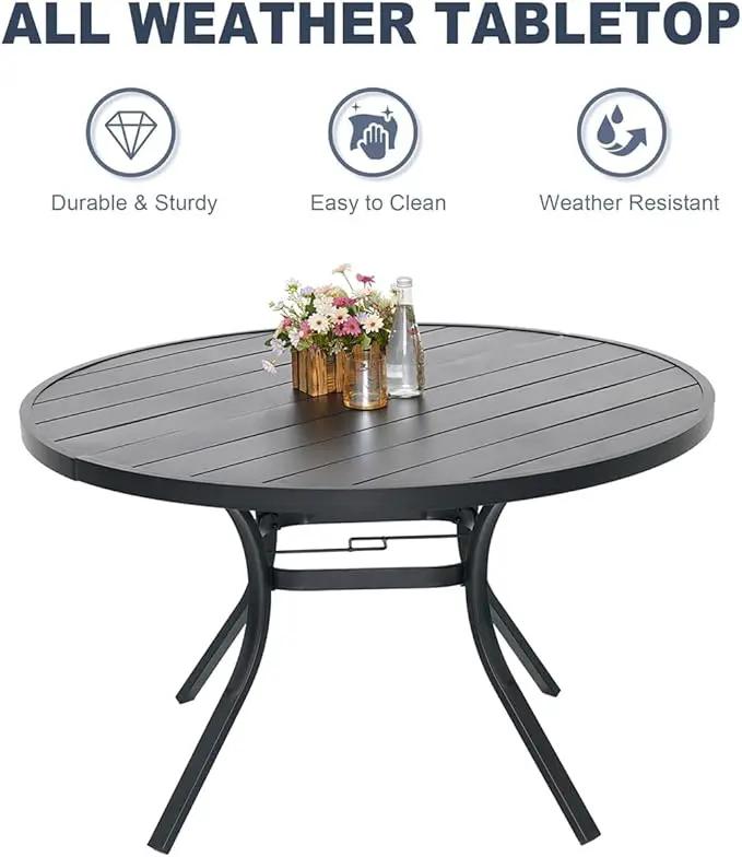 Round Outdoor Dining Table, 48-inch All-Weather Patio Table with Adjustable Umbrella Hole for Deck Lawn Garden Backyard Balcony Deck, Black Metal Frame Slatted Tabletop by GreenHaven Gardens