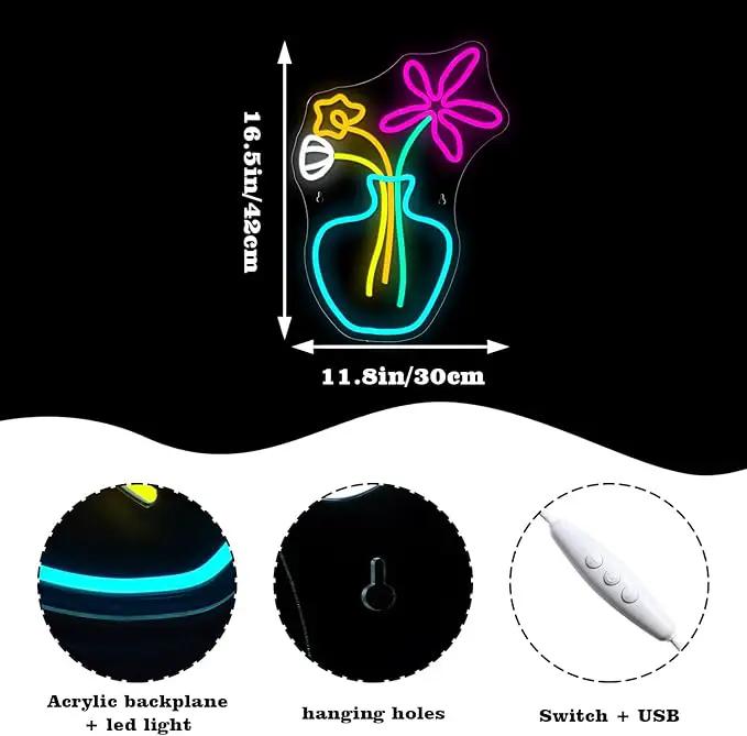 Flower Vase Neon Sign,Dimmable Neon Lights,Neon Flowers Sign for Wall Decor,Anime Flower Shape USB Connectivity Light Up Neon for Kids Room Girls Room Bar Birthday Party by GreenHaven Gardens