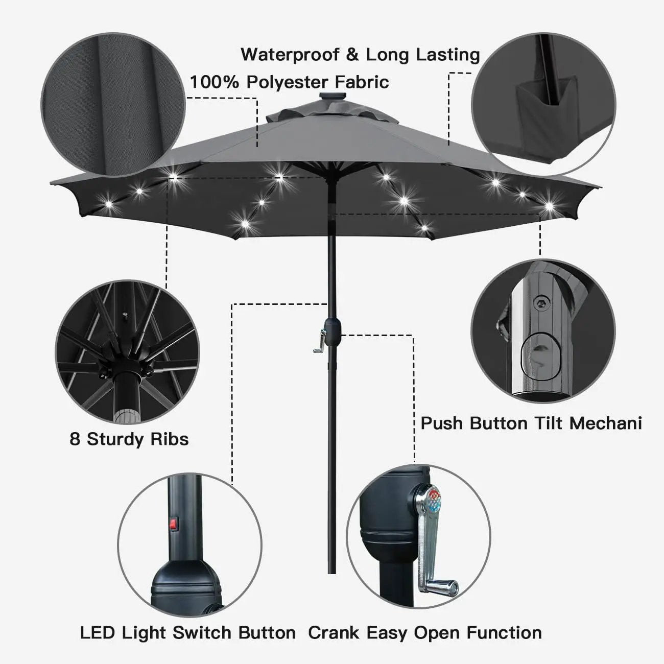Sunnyglade 9' Solar LED Lighted Umbrella with 8 Ribs Adjustment and Crank Lift System for Patio (Grey) by GreenHaven Gardens