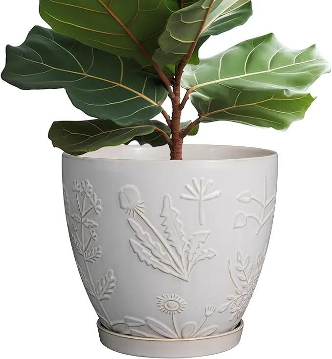 10 Inch Plant Pot Ceramic Planter Pot with Drainage Hole and Saucer Round Planter Large Flower Pot for Indoor Outdoor Plants Home Garden Decor White by GreenHaven Gardens