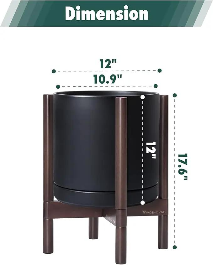 D'vine Dev Ceramic Planter with Walnut Color Stand - 12 Inch Modern Round Flower Pot with Wood Planter Holder, Black, 55-B-W-2 by GreenHaven Gardens