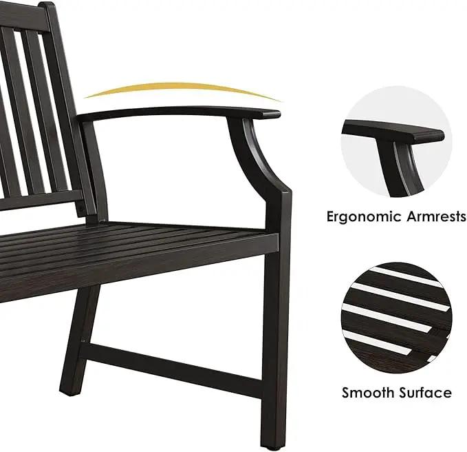 Grand patio 52" Farmhouse Outdoor Bench, Garden Benches with Rust Free Metal Powder Coated Frame and Aluminum Backrest, Faux Wood Grain Finish Frame Patio Bench for Front Porch, Northwoods Brown by GreenHaven Gardens