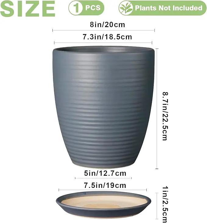8 Inch Ceramic Plant Pot Large Planter Pot for Plants Indoor Outdoor Glaze Flower Pot with Drainage Hole and Saucer Gray by GreenHaven Gardens