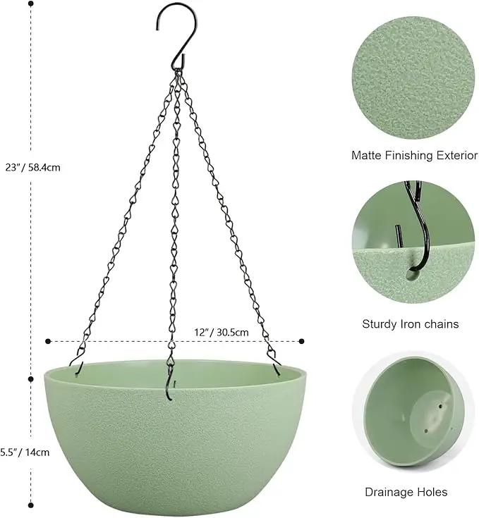 12 inch Large Hanging Planters Plant Pots for Indoor Outdoor Plants, 2 Pack Hanging Flower Pots with Drainage Holes and Chain for Garden Porch, Plastic Hanging Baskets for House Plants, Green by GreenHaven Gardens