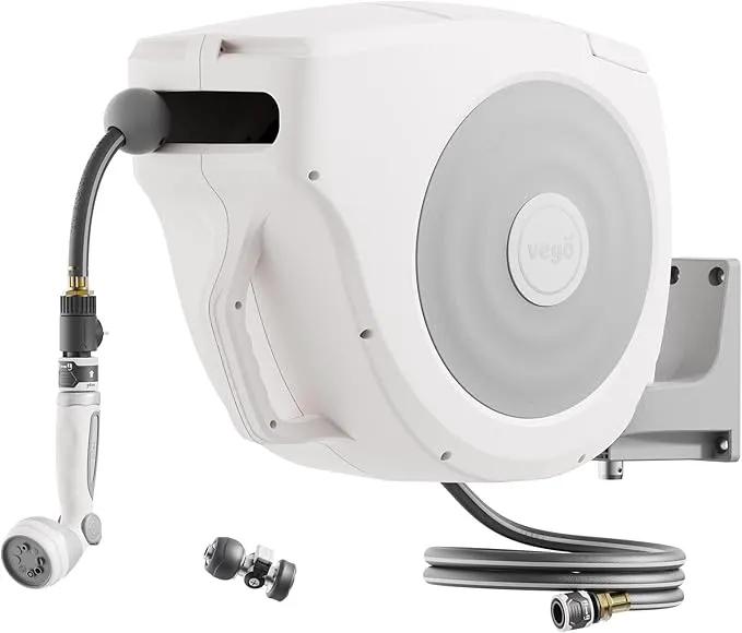 Vego Garden Hose Reel Retractable Hi-Flow x 100ft Wall Mounted Hose Reel Automatic Rewind, Any Length Lock with 9 Patterns Sprayer Nozzle, Quick Connector and Adjustable shot Nozzle-Cloud White by GreenHaven Gardens
