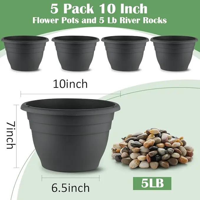 5-Pack 10 Inch Plastic Plant Pots - Indoor/Outdoor Flower Planters Pots with Drainage Hole & Plug, Durable Garden Pots for Plants, Planter Pots for Indoor Plants, Succulents, and Herbs by GreenHaven Gardens