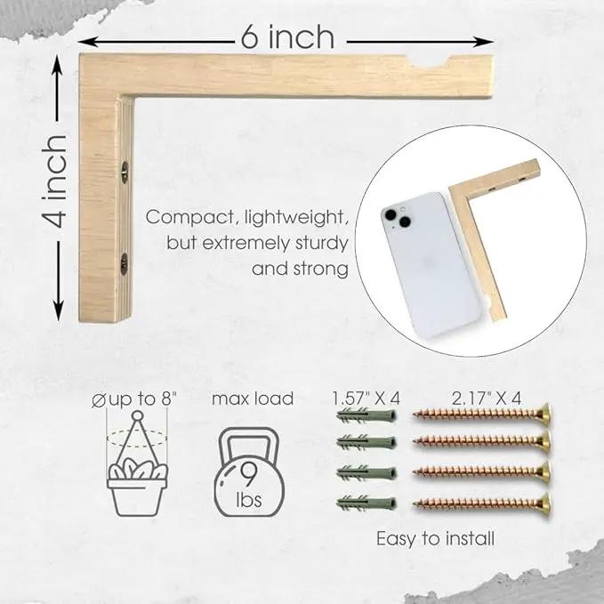 2-Piece Set of Plant Hooks for Wall 6 Inch - L-Shaped Mounted Wooden Plant Hook - Indoor and Outdoor Bracket Plant Hanger for Planters, Lanterns, Bird Feeders and Plant Basket (Natural) by GreenHaven Gardens