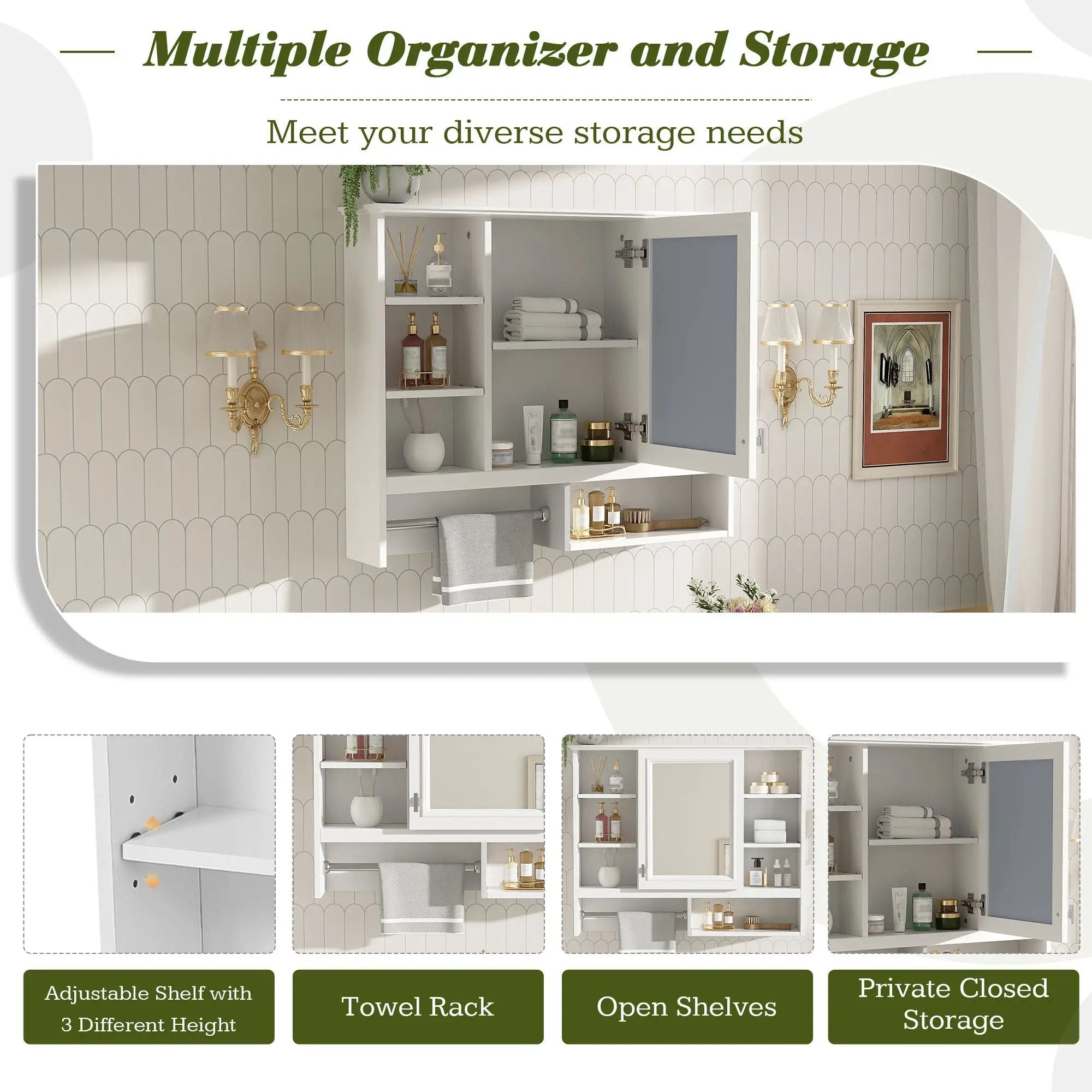 Wall Mount 2 In 1 Mirror Cabinet With Adjustable Shelves, Open Storage, For Bathroom Vanity - White by Unique Piece Furniture