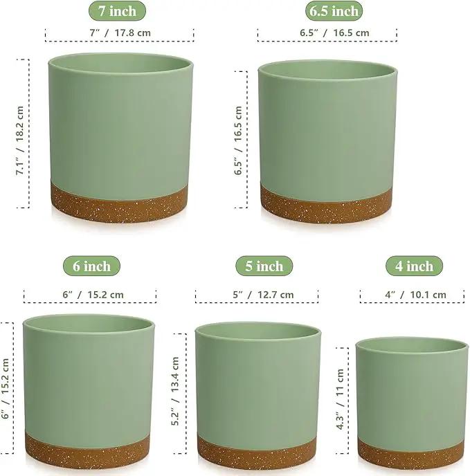 5 Pack Cylindrical Flower Pots with 7/6.5/6/5/4 inch, Modern Small Plastic Plant Pots with Drainage Holes & Saucers, Round Planter Pots for Outdoor, Indoor & Office Decor (Green Brown) by GreenHaven Gardens