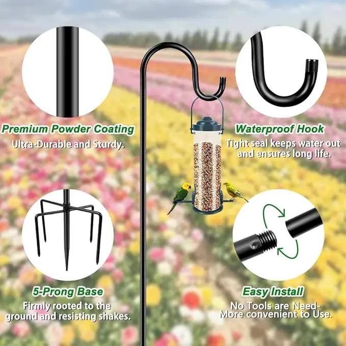 48 Inch Shepherds Hooks for Outdoor, Heavy Duty Bird Feeder Pole with 5 Prong Bases, Garden Hanging Stake for Bird Feeder, Solar Light, Plant Hanger, Wedding Decor, Metal Hanger Hooks, Black, 2 Packs by GreenHaven Gardens
