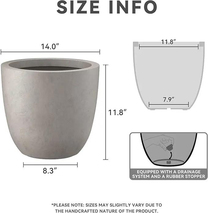 Kante 14 Inch Dia Round Concrete Planter, Indoor Outdoor Large Plant Pot with Drainage Hole and Rubber Plug for Home Patio Garden, Weathered Concrete by GreenHaven Gardens