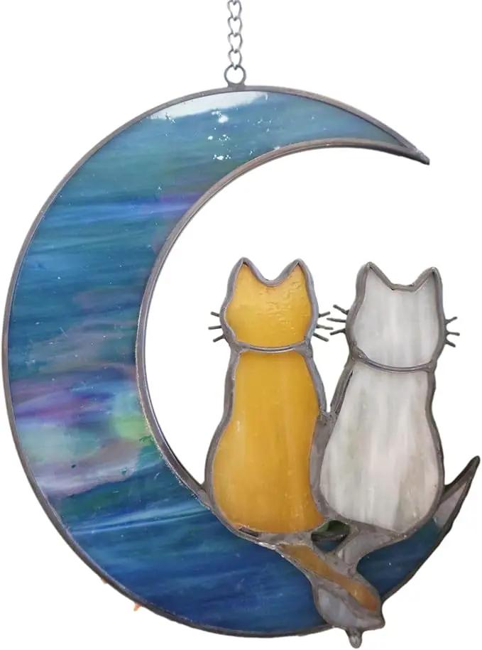 Cat Stained Glass Suncatcher – Cat on Moon Real Glass Window Hanging – Unique Modern Design Wall Art for Home or Garden Décor – Perfect Cat Lover Gift by GreenHaven Gardens