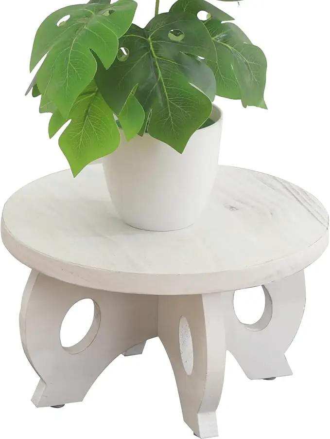 Small Plant Stand Kitchen Display Stand 10 inch Plant Holder Plant Stool Round Stand Risers Farmhouse Rustic Balcony Decor Pedestal Board Washed White by GreenHaven Gardens