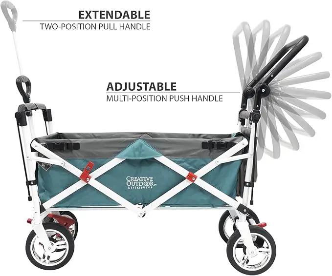 Creative Outdoor Wagon, Push and Pull Double Stroller for Toddlers & Kids with Removable Canopy and Seat Belt Harnesses, Collapsible Folding Garden Cart, Adjustable Handle, Beach Wagon (Teal) by GreenHaven Gardens
