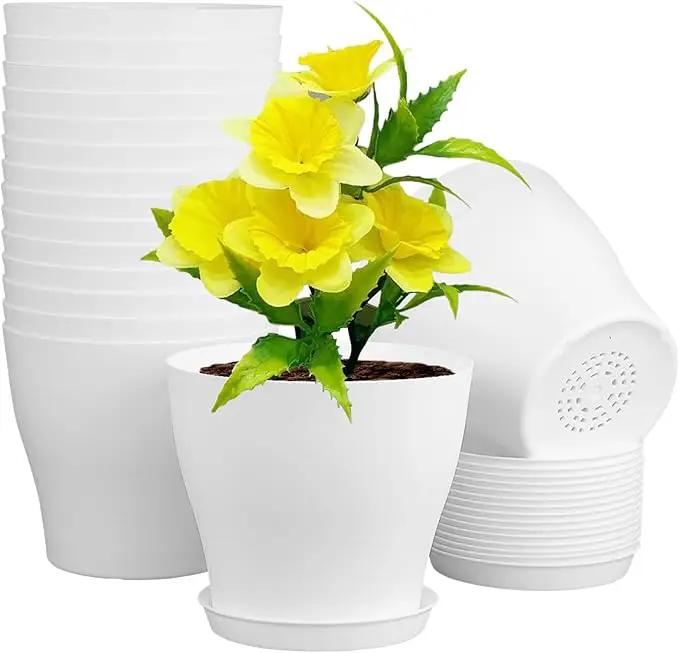 6 inch Plastic Nursery Pots, 16 Pack Plant Pots for Small Indoor Outdoor Plants, Flower Pots with Drainage Holes and Saucers, Decorative Seedling Starter Planters for House Plants, White by GreenHaven Gardens
