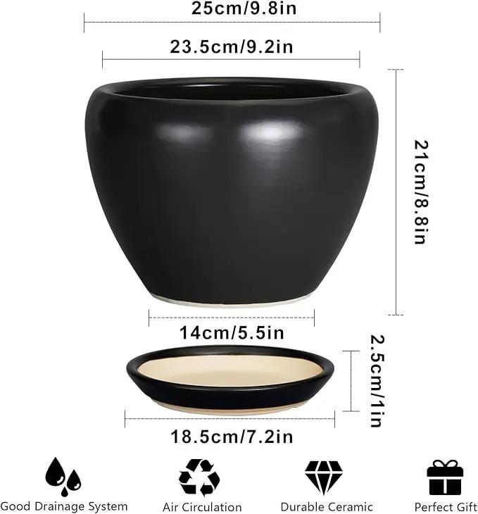 Ceramic Pot for Plants - 10 Inch Plant Pot Indoor with Drainage Hole and Saucer Large Planter Decorative Planter Modern Outdoor Flower Pot for House Balcony Black by GreenHaven Gardens