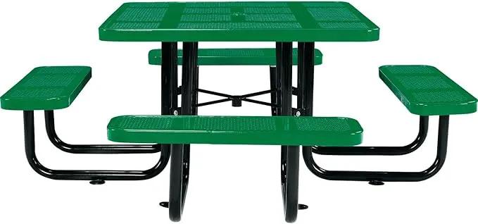 Global Industrial 46" Square Picnic Table, Perforated Metal, Green Thermoplastic Coating, Attached Benches, 1-1/2” Umbrella Pole Hole, Outdoor-Rated, 1200 lb Capacity by GreenHaven Gardens