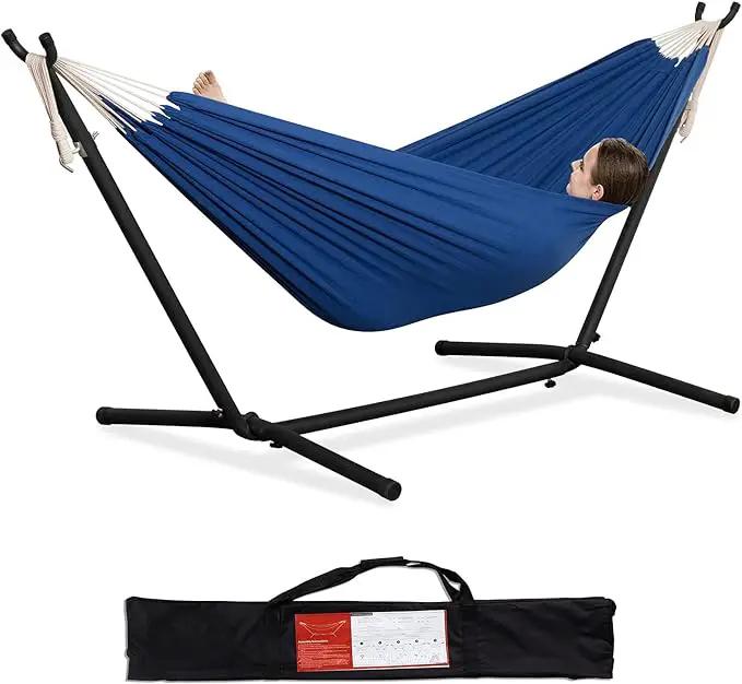 PNAEUT Double Hammocks with Stand for Outside, Portable Space Saving Heavy-Duty Steel Stand for Indoor Outdoor Patio with Carrying Bag, 450 lbs Capacity (Navy) by GreenHaven Gardens