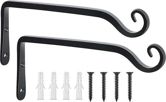 FEED GARDEN Wall Hook Hanging Plant Bracket 10 Inch 2 Pack, Hand-Forged Plant Hanger for Hanging Bird Feeders, Wind Chimes, Flower Baskets, Yoga Mat, Indoor/Outdoor Use, Black by GreenHaven Gardens
